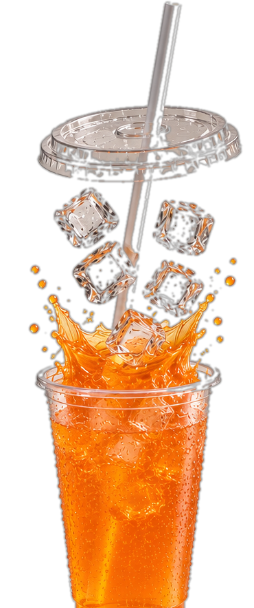 Exploded iced orange drink with ice cubes