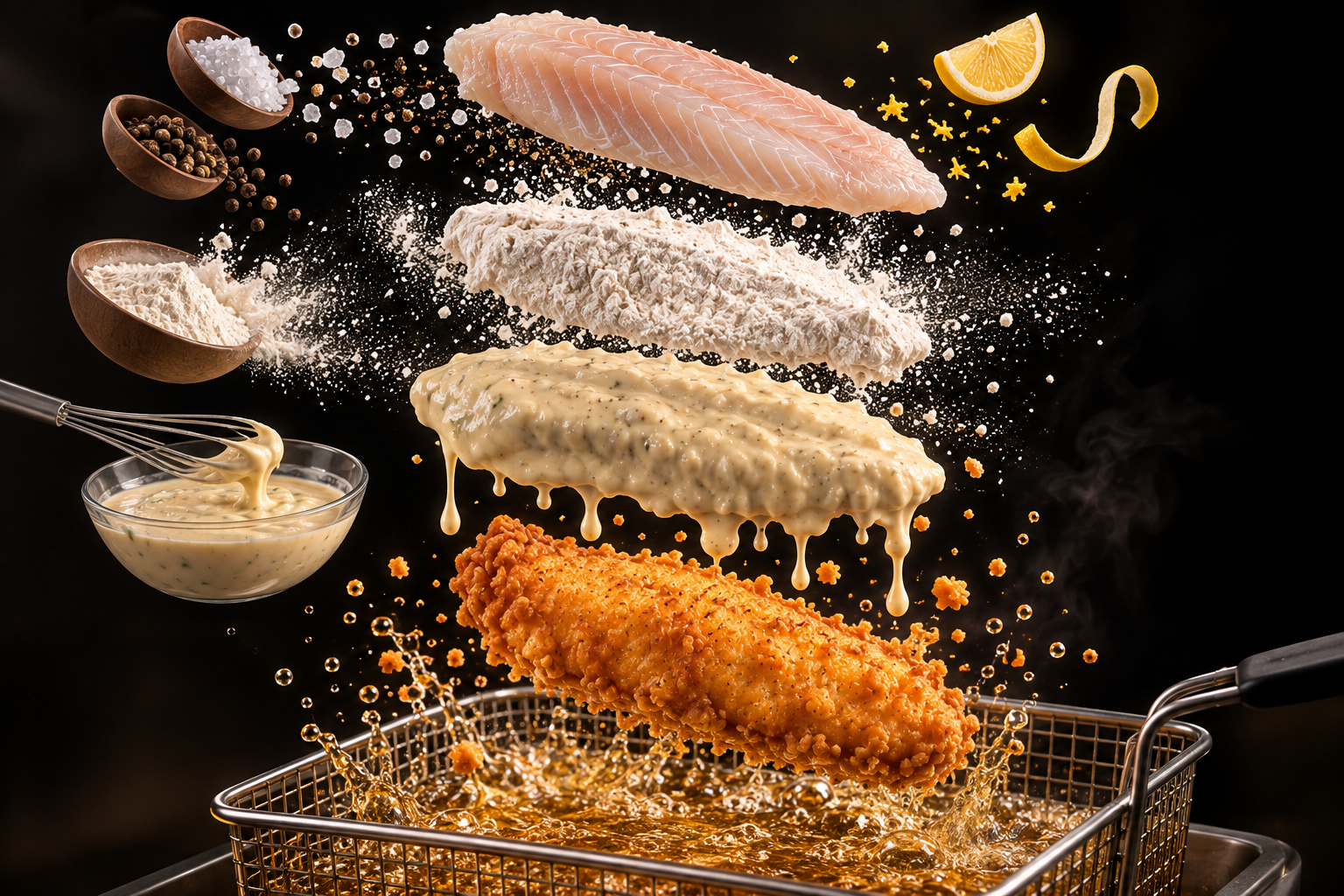 Golden fried fish lifting from fryer