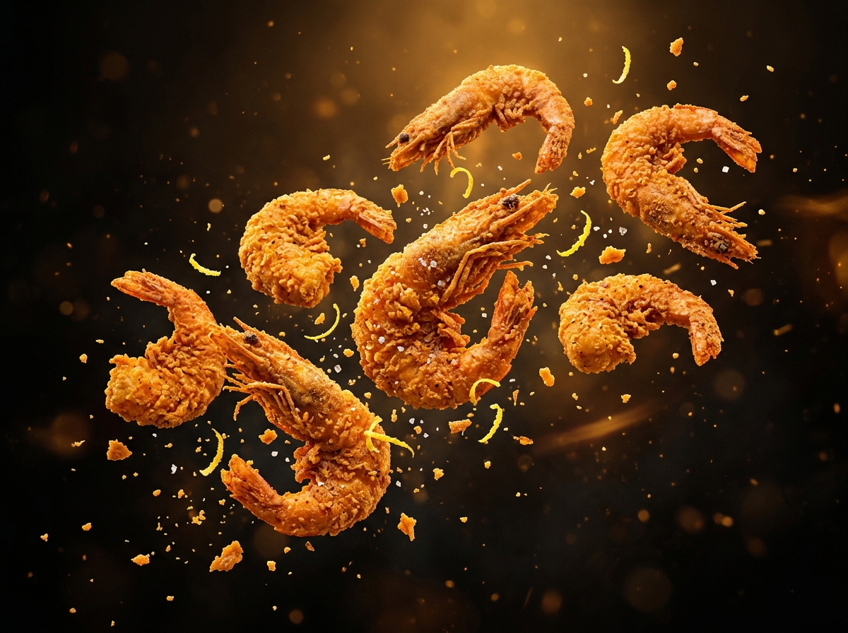 Cinematic 3D fried prawns